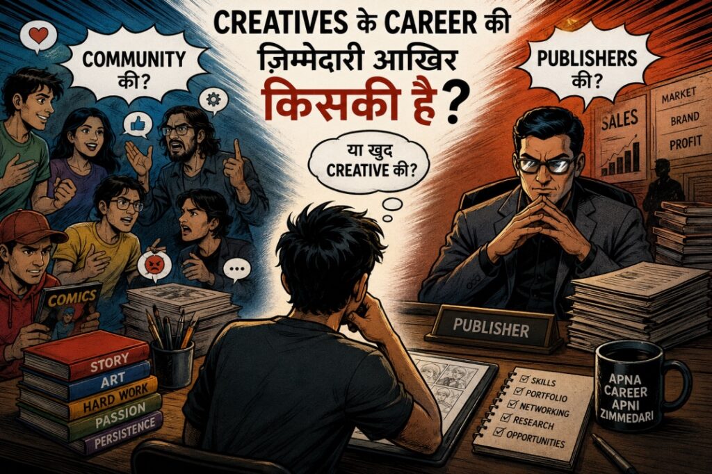 Creatives के Career की जिम्मेदारी आखिर किसकी है? | Comics Industry की एक जरूरी बहस क्या Comics Creatives के Career और Opportunities की जिम्मेदारी Community और Publishers की भी है? जानिए Creators, Publishers और Comics Community की असली भूमिका।